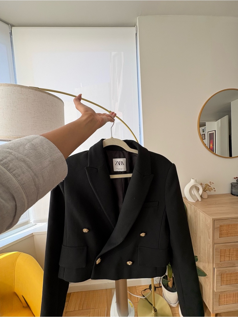 Zara Black Double-Breasted Cropped Blazer with Gold Buttons